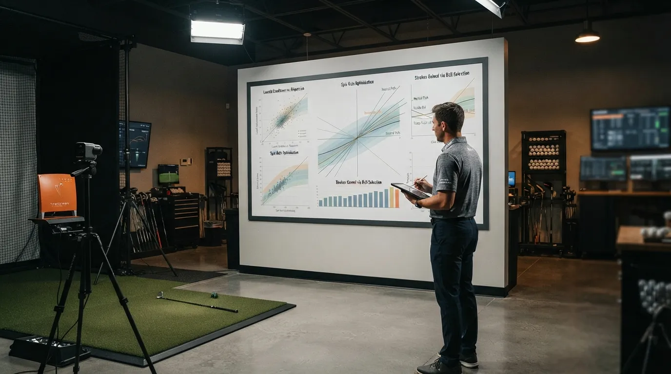 A golf ball fitter reviewing launch-monitor and spin charts on a studio screen