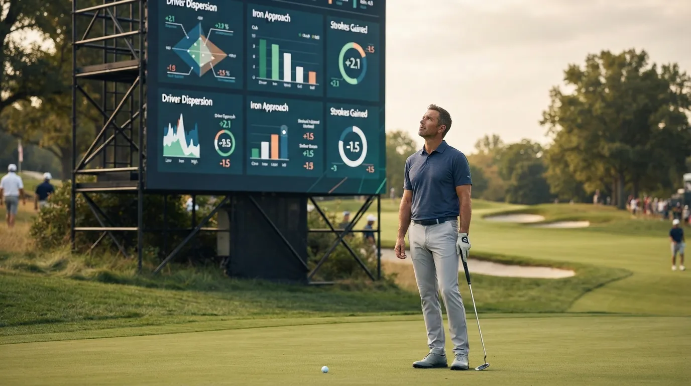 A golfer reading a course-side stat board of driver dispersion and approach-shot figures