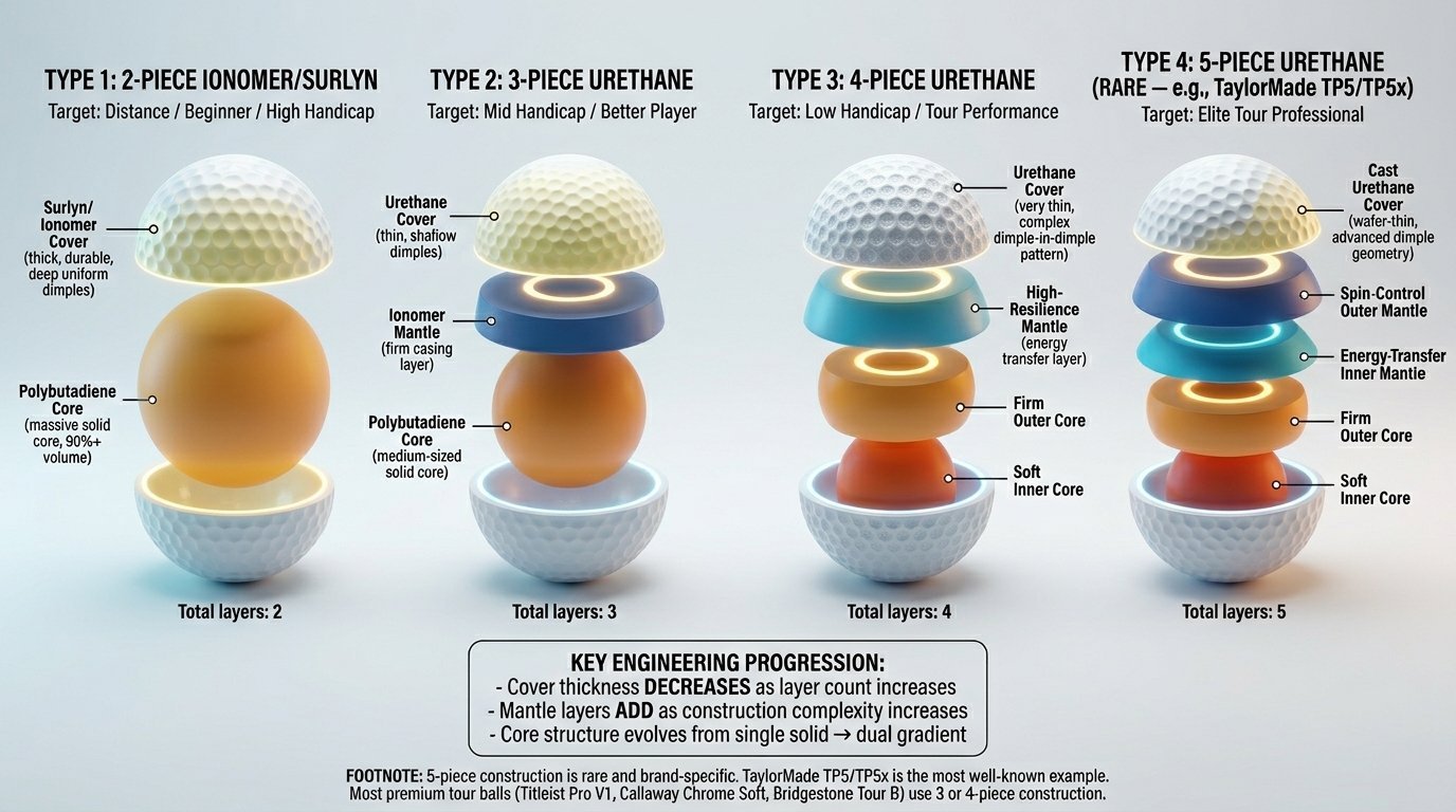 Cutaway diagram of golf ball construction by cover type and layer count: 2-piece ionomer/Surlyn for distance and high-handicap players, 3-piece and 4-piece urethane for mid- to low-handicap players, and rare 5-piece urethane for elite tour use